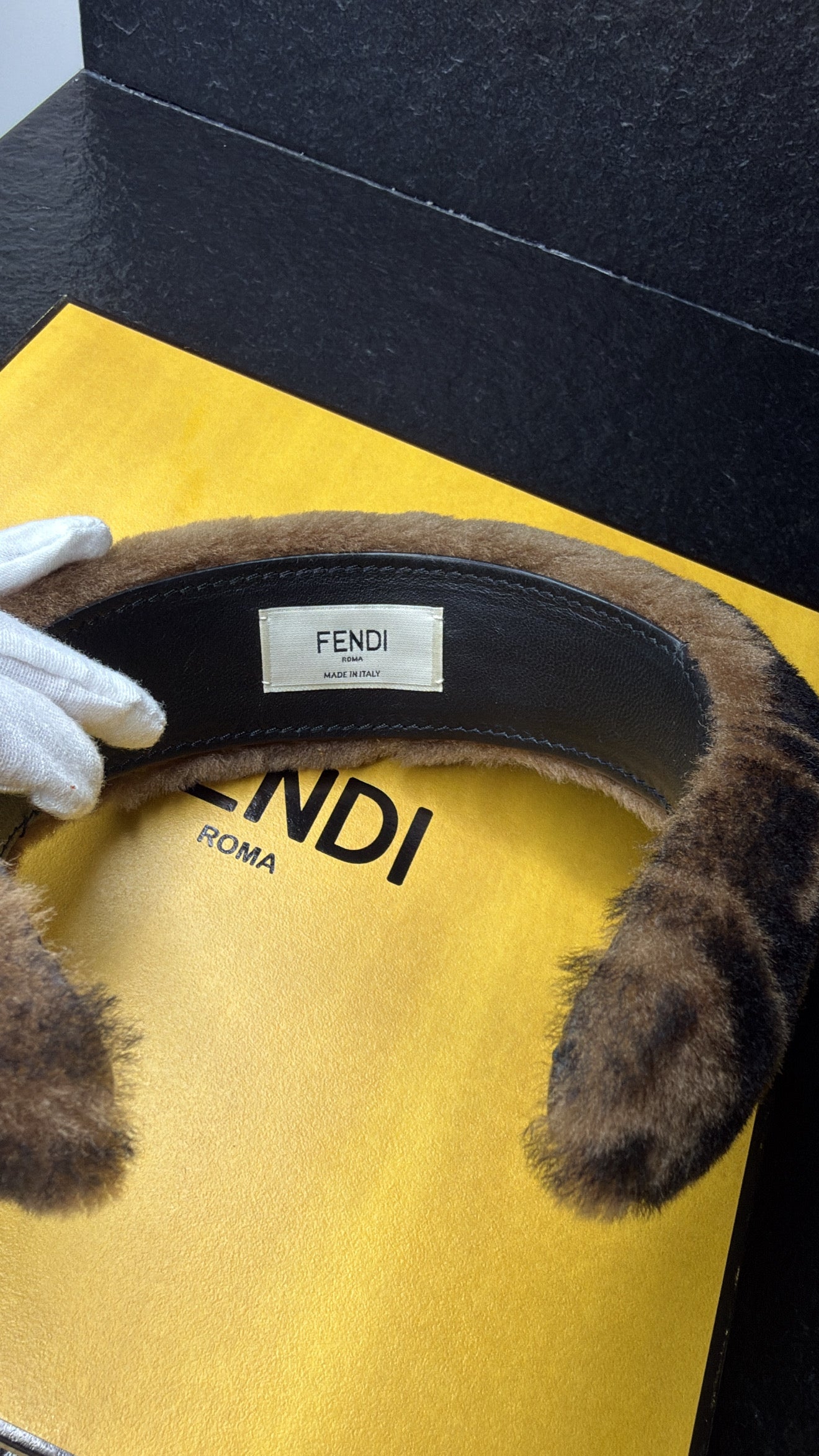 Fendi FF Logo Shearling Headband | Tobacco Brown Faux Fur Zucca Hair Accessory