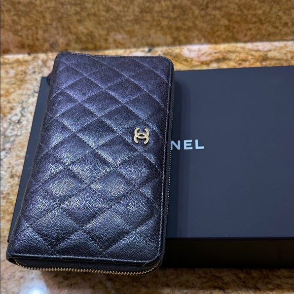 CHANEL Metallic Quilted Zip-Around Long Wallet – Iconic CC Logo, Authentic, Pre-Owned Luxury