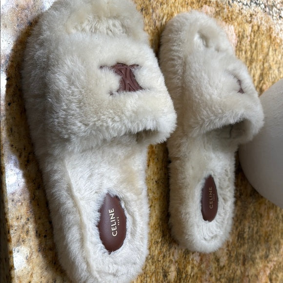Authentic Celine Slides – Cream Shearling (Worn Twice, Excellent Condition)