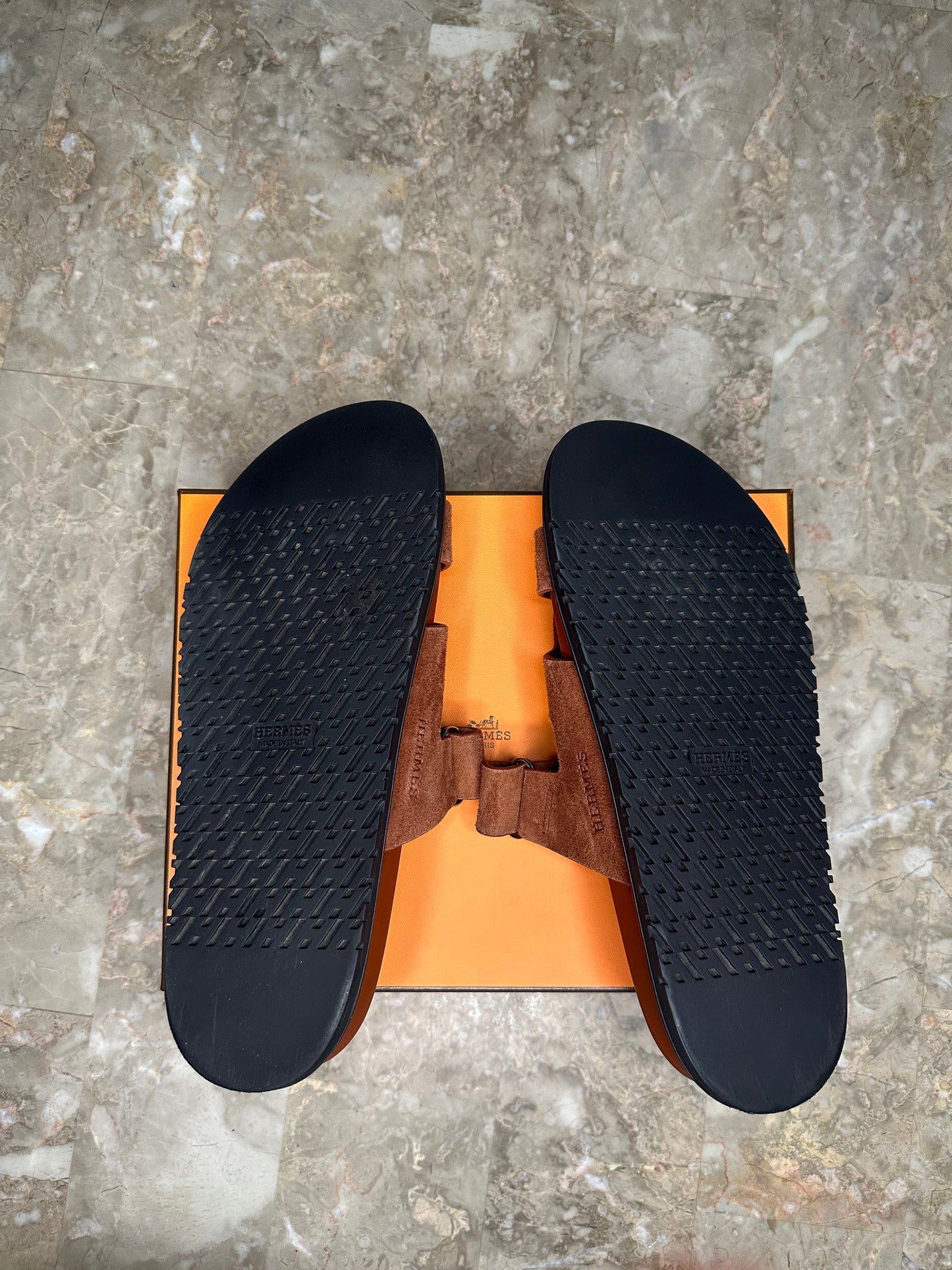 Hermès Chypre Sandals Size 40 | Cognac Suede | Palladium Hardware | New with Box