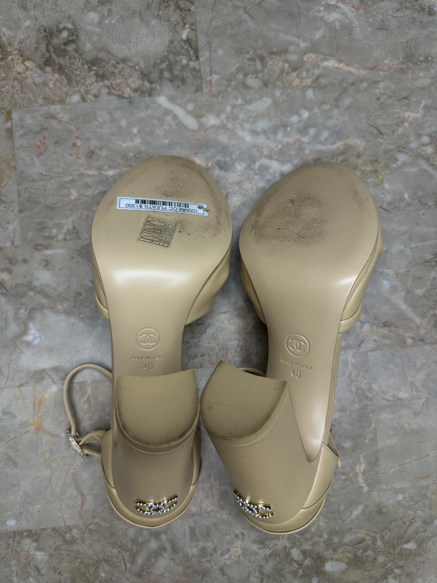 Chanel Nude Lambskin CC Logo Ankle Strap Block Heel Pumps EU 40 Authentic