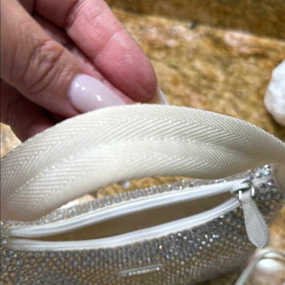Prada Silver and White Shoulder Bag with Crystal Embellishments