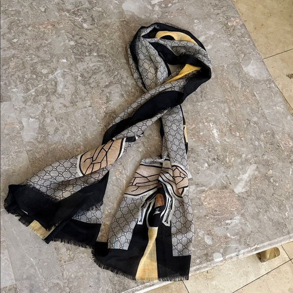 GUCCI Black, Gold & Gray GG Supreme Wool Scarf – New (No Tags)