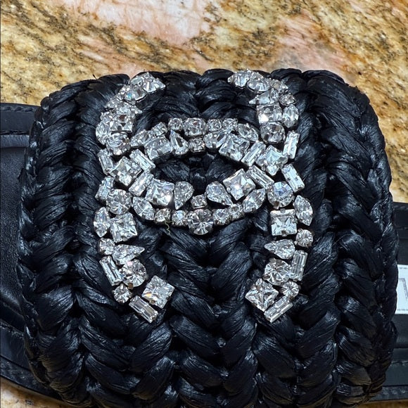 Chanel Black Woven Raffia Crystal CC Slide Sandals – Size 40 (Very Good Condition, With Box & Dust Bag)