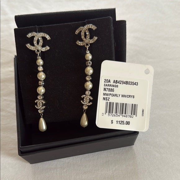 CHANEL Silver & Pearl Crystal Drop Earrings – Never Worn
