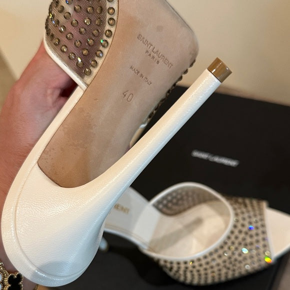 Saint Laurent Nude Blonde Crystal Mesh Mules – 11cm Heel (Worn Once)