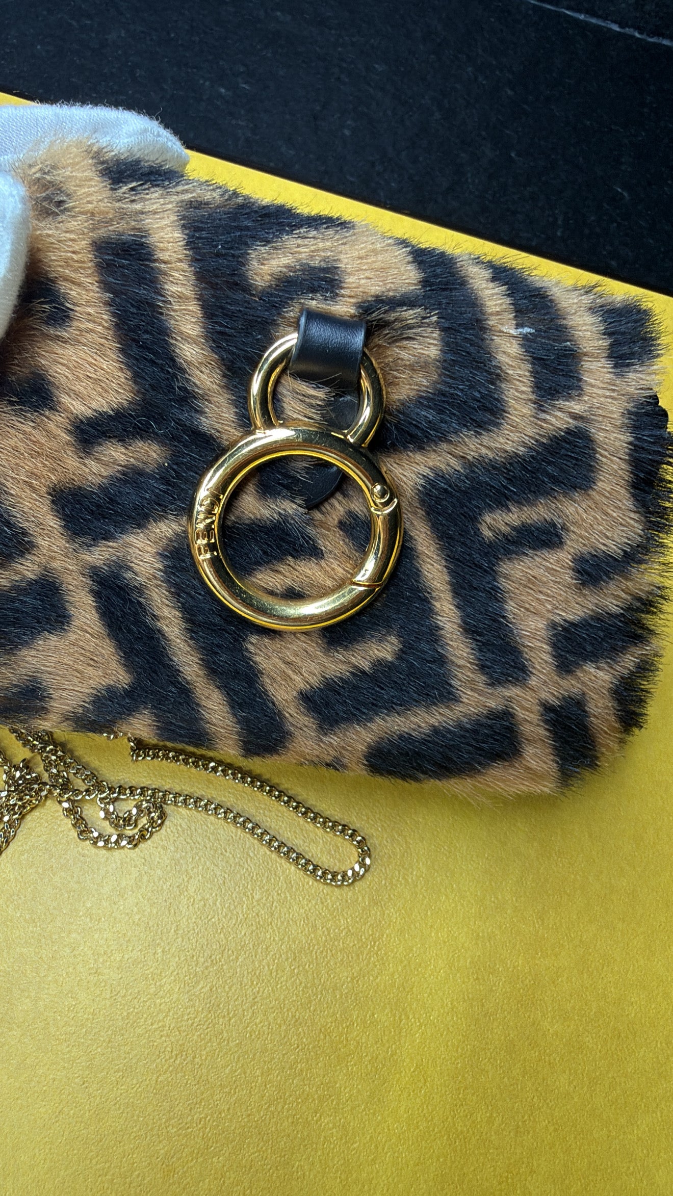 Fendi Baguette Mini Shearling FF Zucca Bag | Brown Tobacco Chain Crossbody Bag