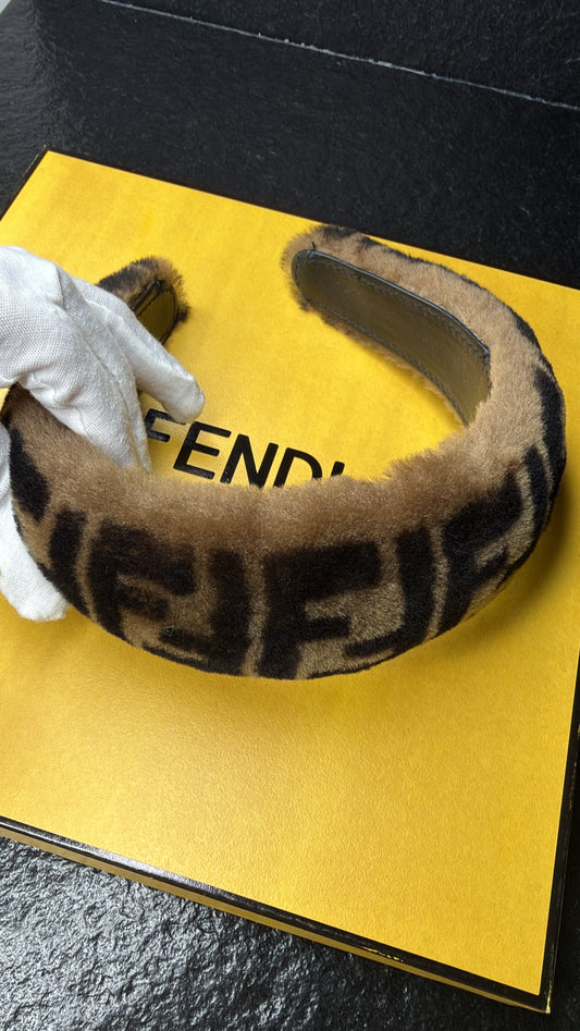Fendi FF Logo Shearling Headband | Tobacco Brown Faux Fur Zucca Hair Accessory