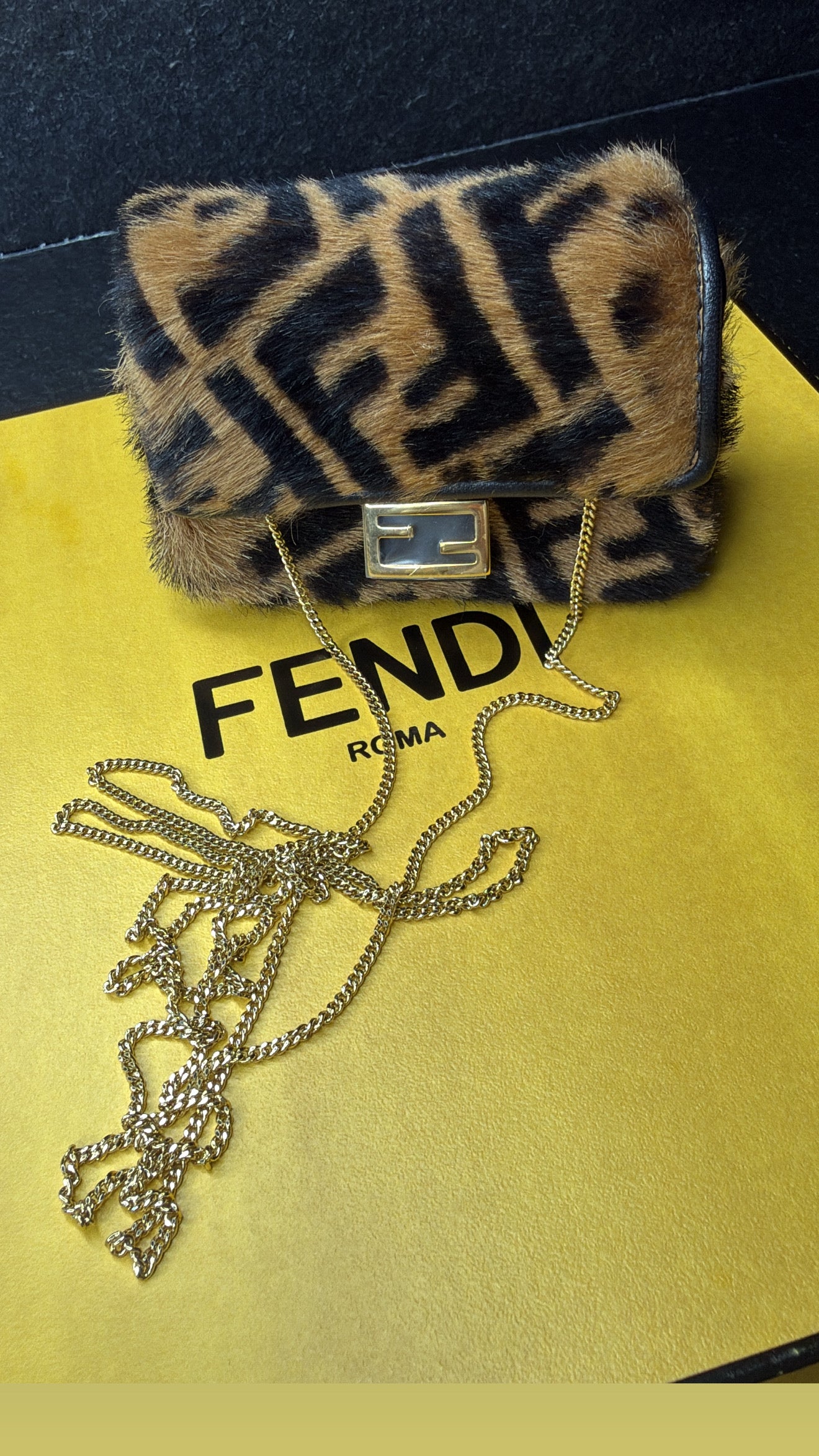 Fendi Baguette Mini Shearling FF Zucca Bag | Brown Tobacco Chain Crossbody Bag