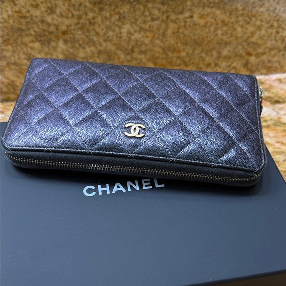CHANEL Metallic Quilted Zip-Around Long Wallet – Iconic CC Logo, Authentic, Pre-Owned Luxury