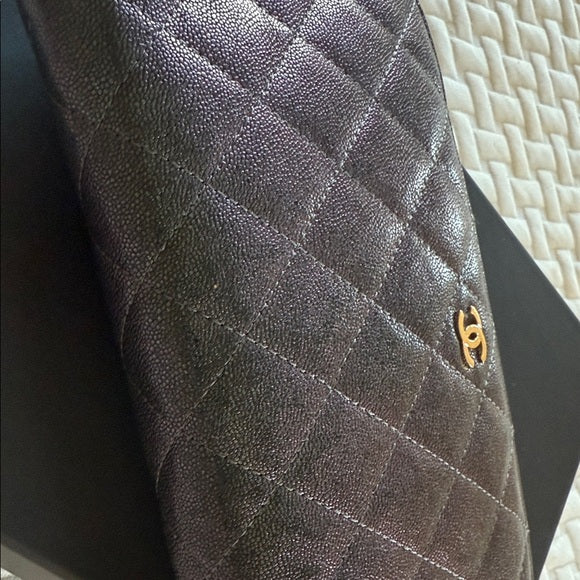 CHANEL Metallic Quilted Zip-Around Long Wallet – Iconic CC Logo, Authentic, Pre-Owned Luxury