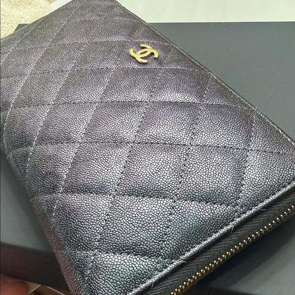 CHANEL Metallic Quilted Zip-Around Long Wallet – Iconic CC Logo, Authentic, Pre-Owned Luxury