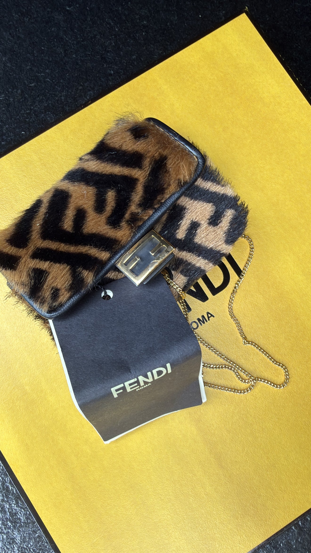Fendi Baguette Mini Shearling FF Zucca Bag | Brown Tobacco Chain Crossbody Bag