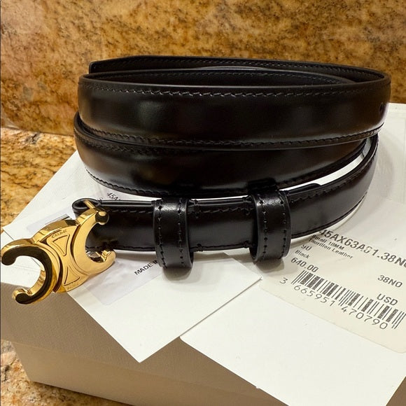 Authentic Celine Belt – Black Leather with Gold Accents (Unused)