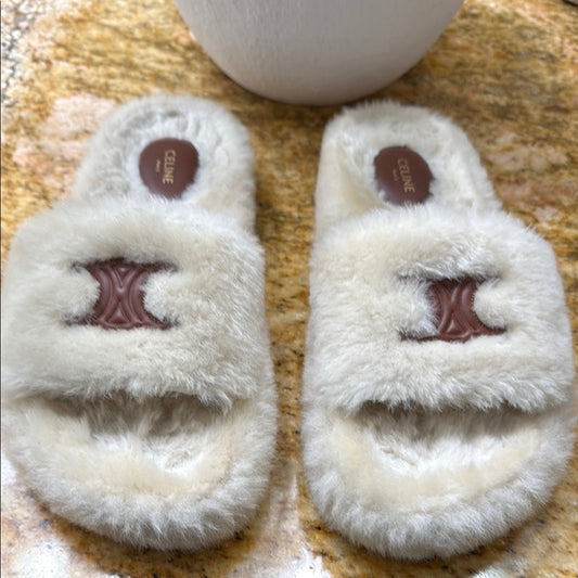 Authentic Celine Slides – Cream Shearling (Worn Twice, Excellent Condition)