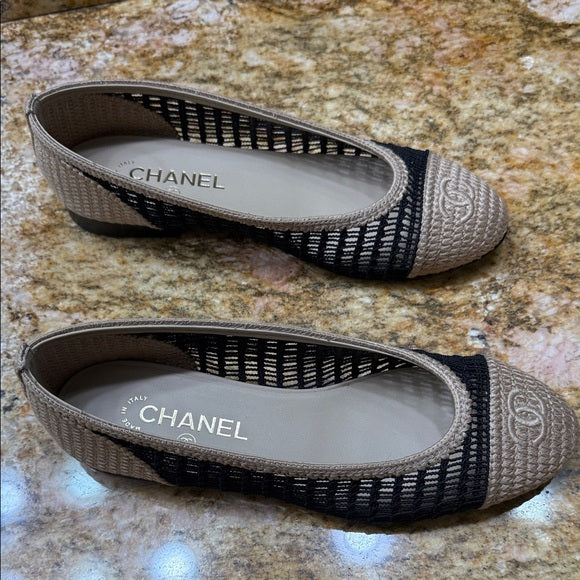 Chanel Tan and Black Flats