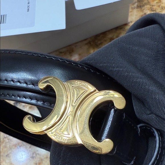 Authentic Celine Belt – Black Leather with Gold Accents (Unused)