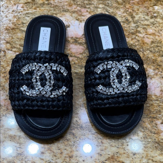 Chanel Black Woven Raffia Crystal CC Slide Sandals – Size 40 (Very Good Condition, With Box & Dust Bag)