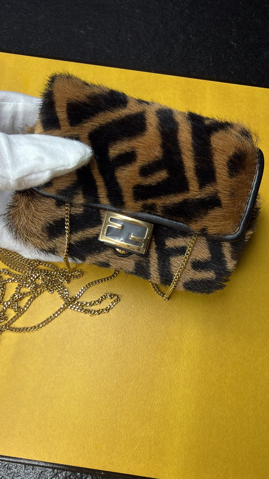 Fendi Baguette Mini Shearling FF Zucca Bag | Brown Tobacco Chain Crossbody Bag