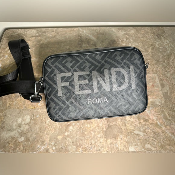Fendi Zucca Logo Camera Case Bag – Black & Gray FF Monogram, Medium, Authentic Crossbody