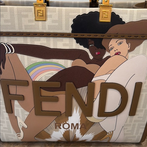 Fendi Medium Sunshine Shopper Tote – Antonio Lopez “Bikini Girls” Print, Brown Canvas, New with Dust Bag & Authenticity Card