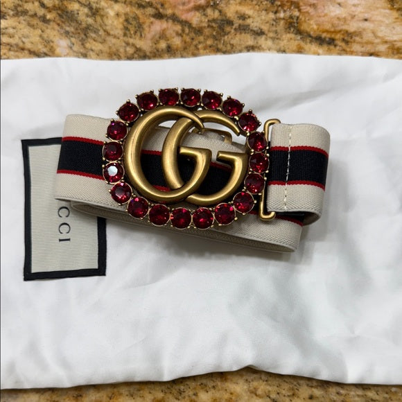 Gucci Red Crystal Belt – Gold Buckle, Size 90