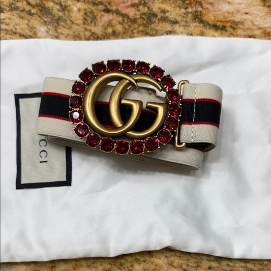 Gucci Red Crystal Belt – Gold Buckle, Size 90
