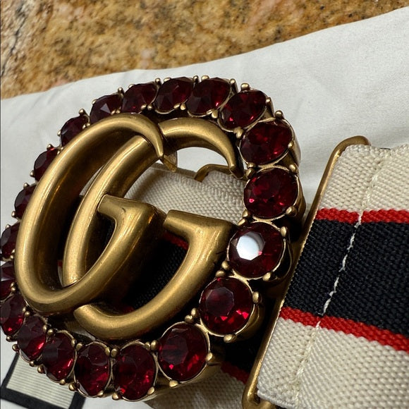 Gucci Red Crystal Belt – Gold Buckle, Size 90