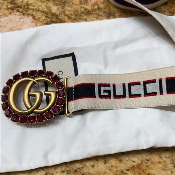 Gucci Red Crystal Belt – Gold Buckle, Size 90
