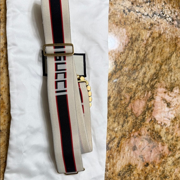 Gucci Red Crystal Belt – Gold Buckle, Size 90