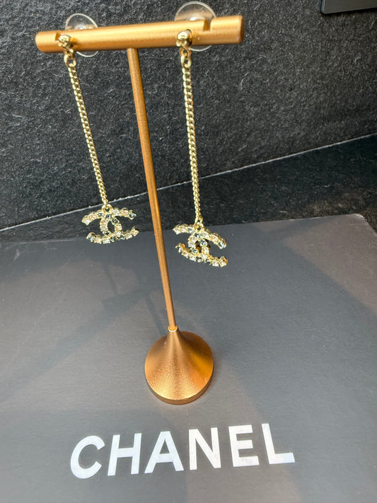 Chanel Crystal CC Long Drop Earrings | Gold-Tone Chain & Multicolor Crystal Earrings