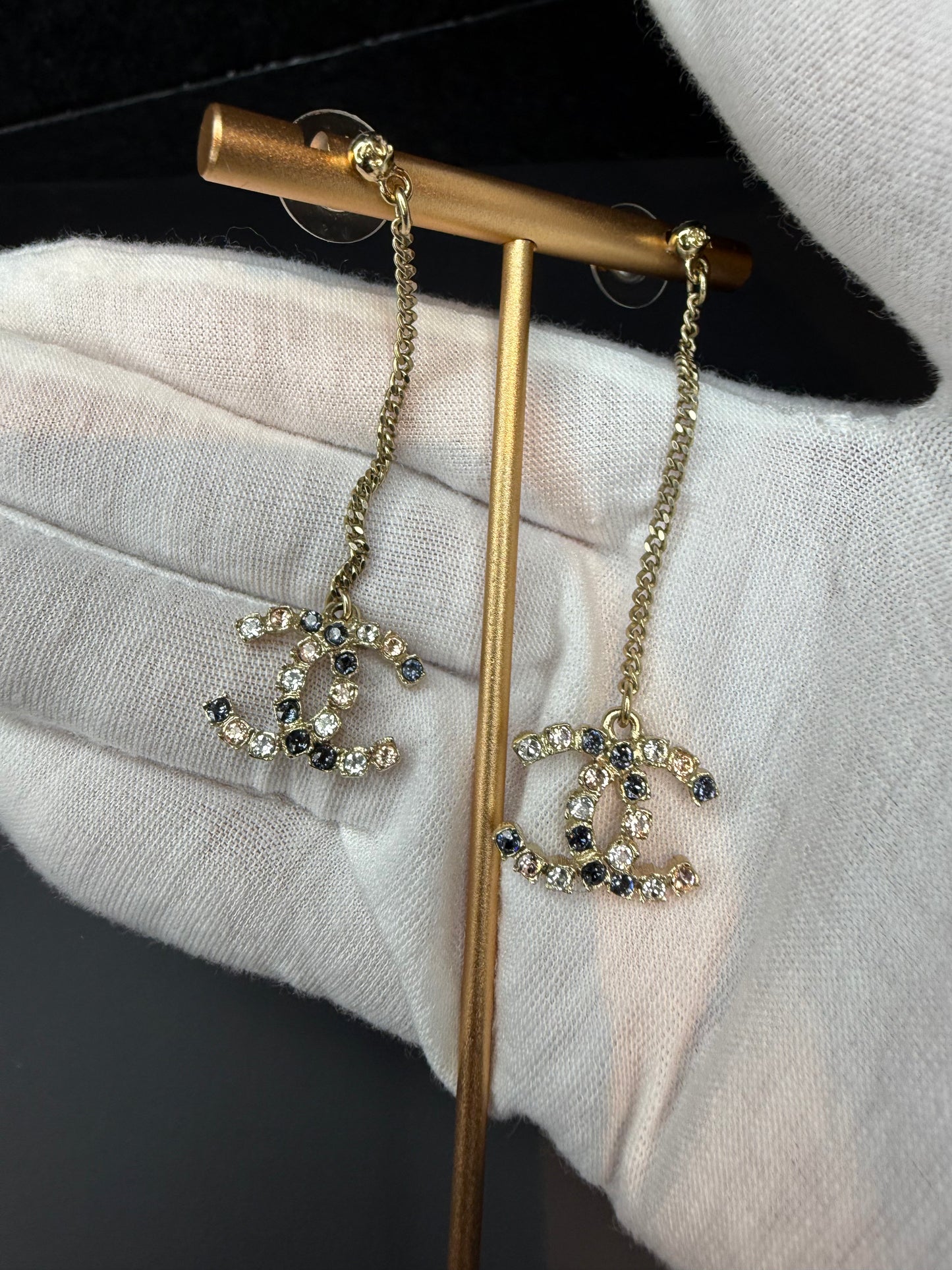 Chanel Crystal CC Long Drop Earrings | Gold-Tone Chain & Multicolor Crystal Earrings