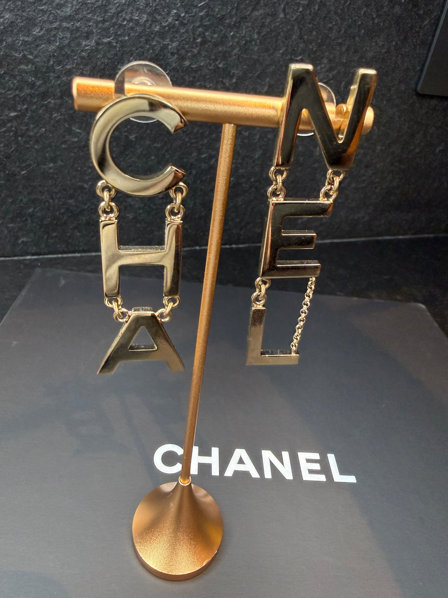 Chanel Cha-Nel Logo Drop Earrings | Gold-Tone Runway Statement Earrings