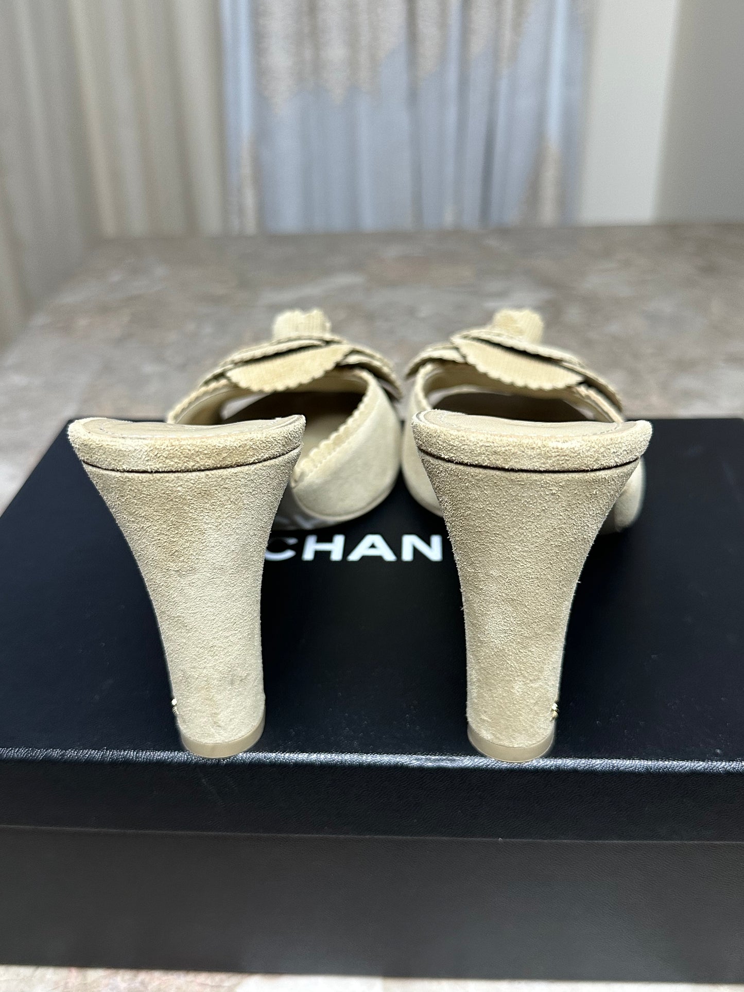 Chanel 24B Beige Suede Mules Size 40 | 4” Heel | Worn Once| Luxury Designer Clogs