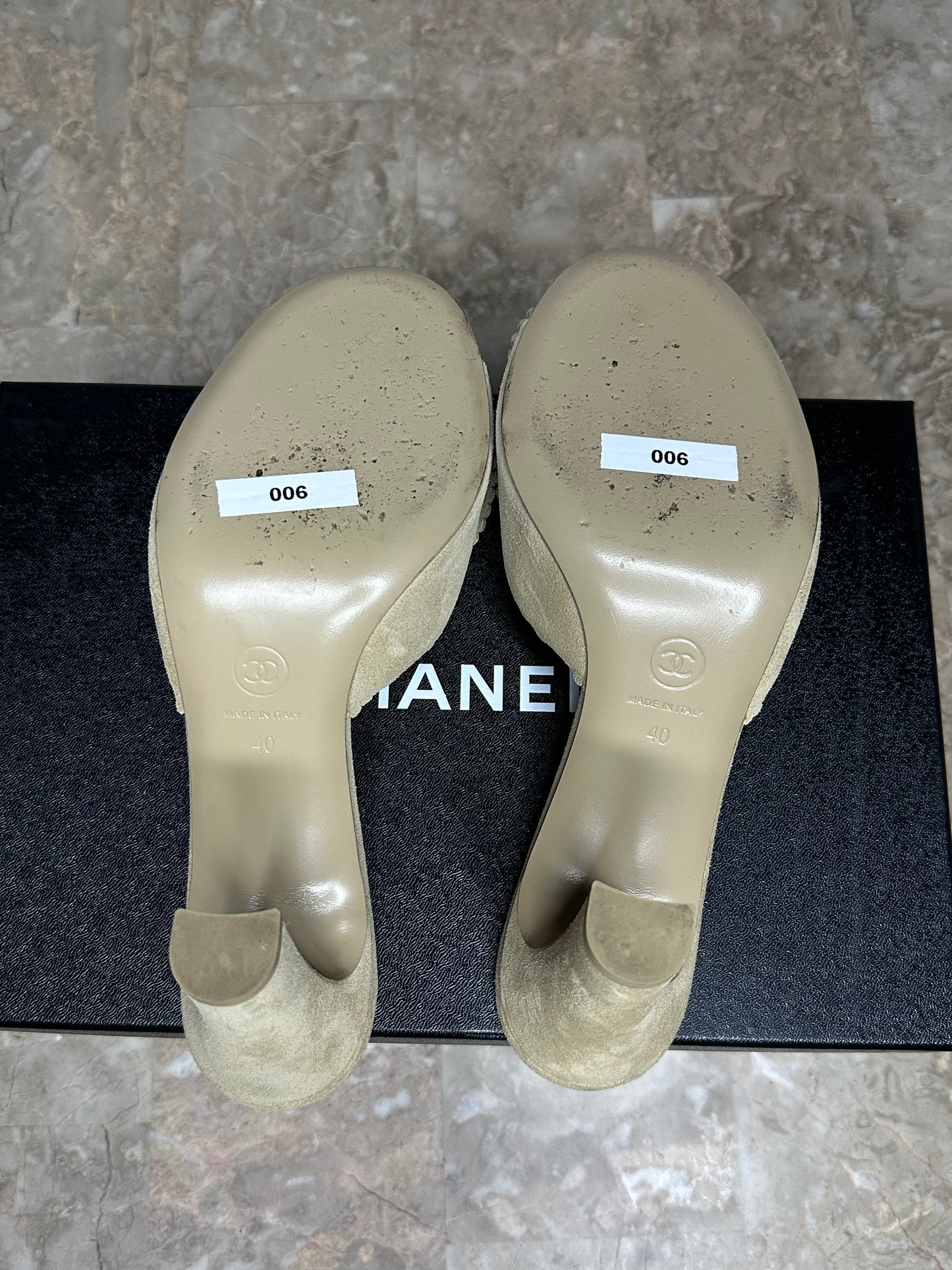 Chanel 24B Beige Suede Mules Size 40 | 4” Heel | Worn Once| Luxury Designer Clogs