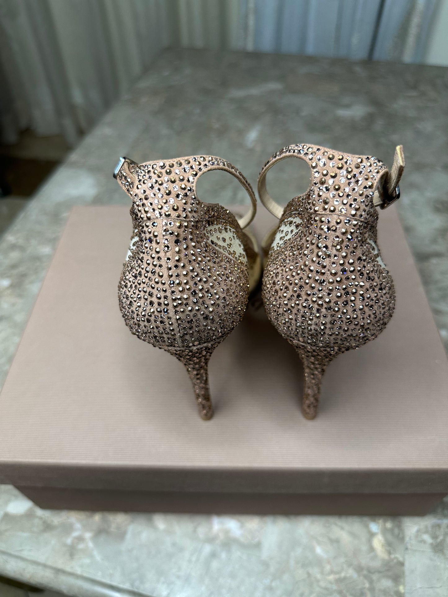 Gianvito Rossi Gemma Crystal Peep-Toe Pumps Size 40 | Embellished Mesh & Ankle Strap | 4” Heel