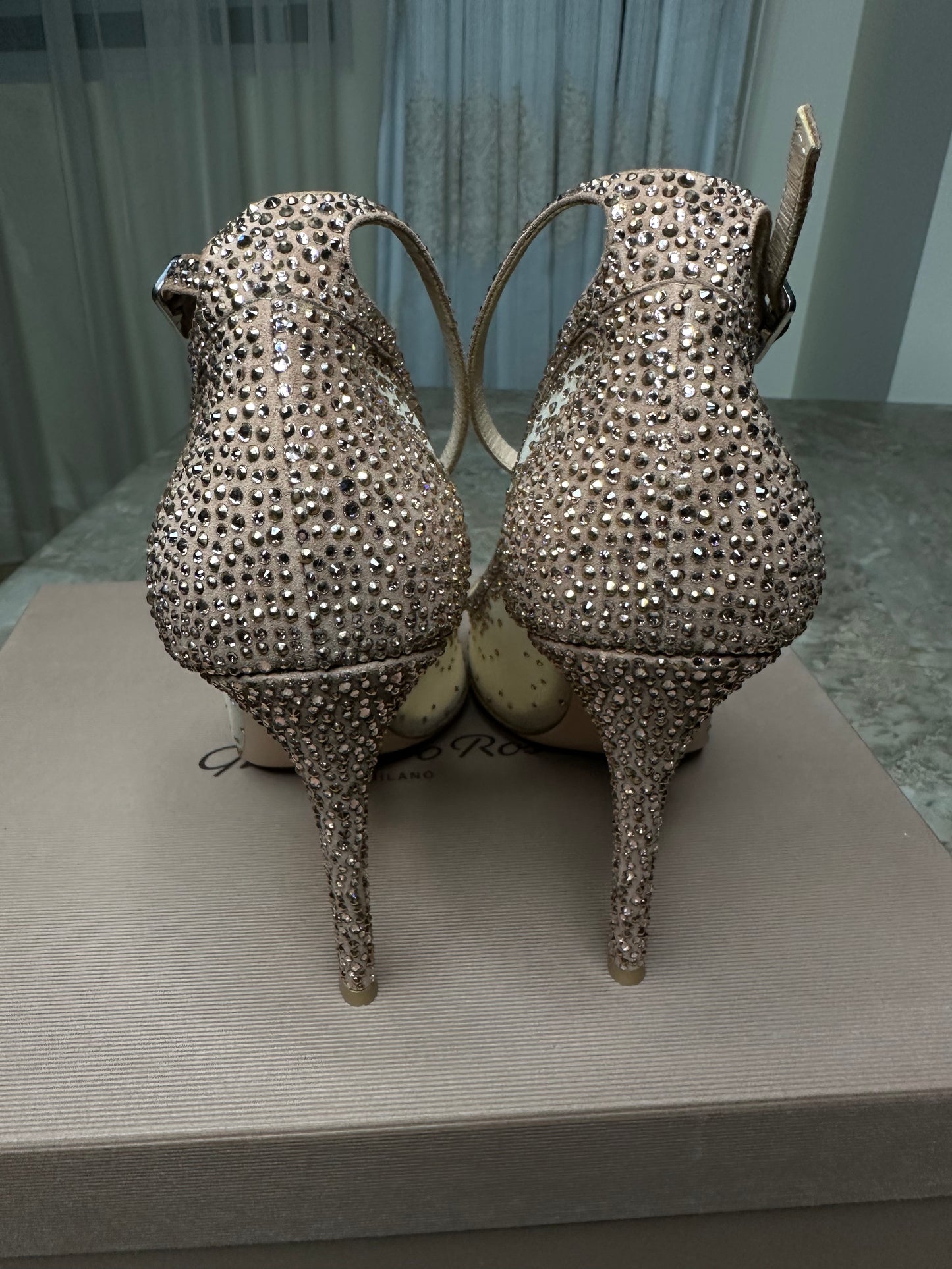 Gianvito Rossi Gemma Crystal Peep-Toe Pumps Size 40 | Embellished Mesh & Ankle Strap | 4” Heel