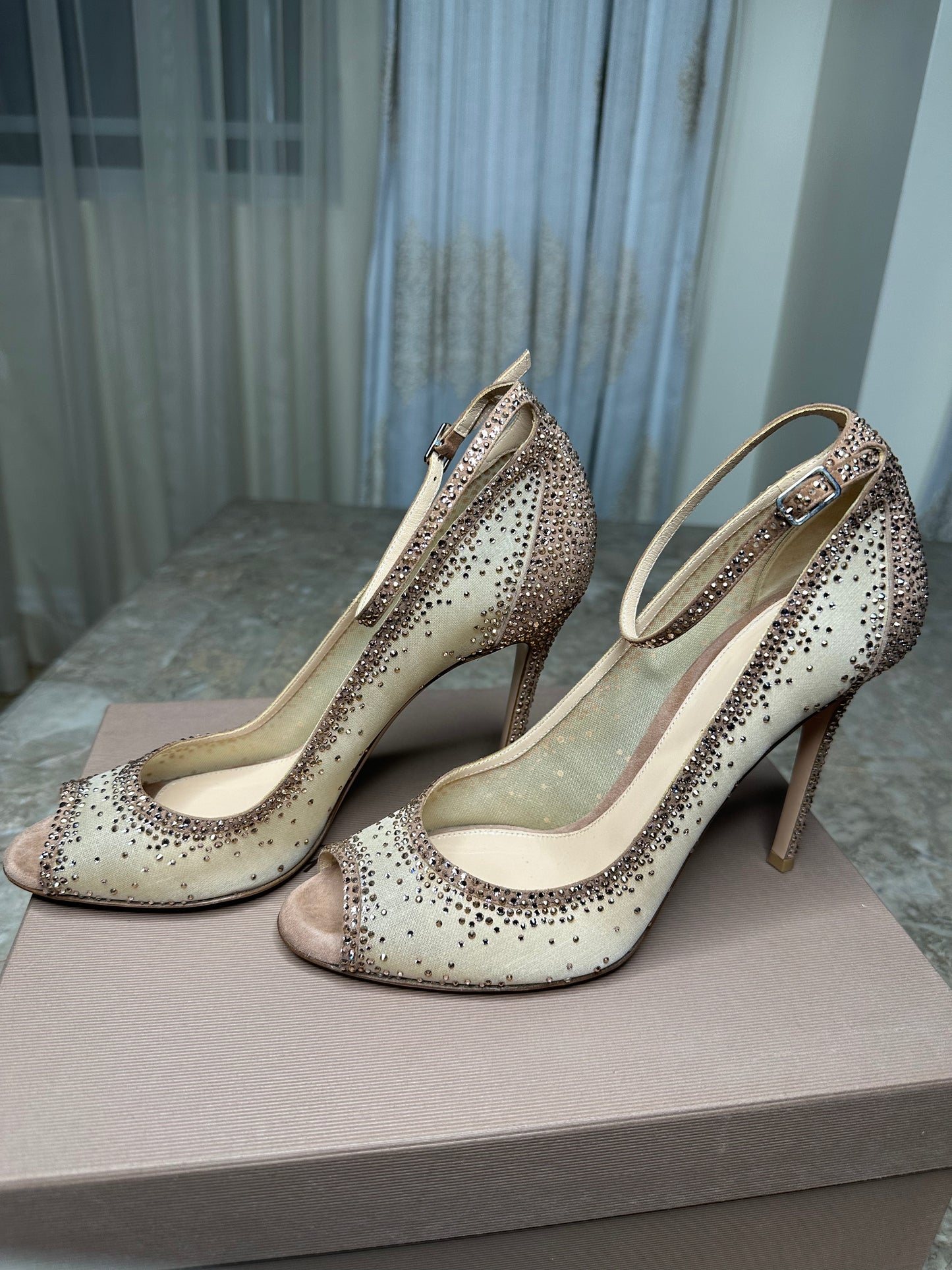 Gianvito Rossi Gemma Crystal Peep-Toe Pumps Size 40 | Embellished Mesh & Ankle Strap | 4” Heel