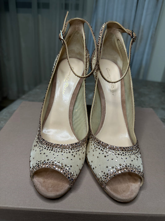 Gianvito Rossi Gemma Crystal Peep-Toe Pumps Size 40 | Embellished Mesh & Ankle Strap | 4” Heel