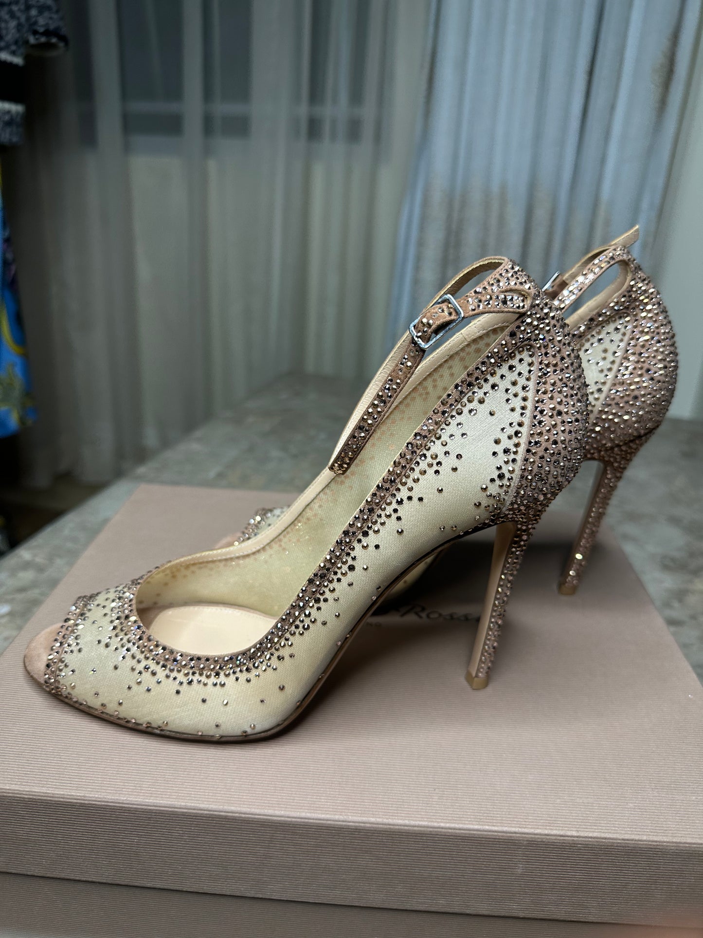 Gianvito Rossi Gemma Crystal Peep-Toe Pumps Size 40 | Embellished Mesh & Ankle Strap | 4” Heel