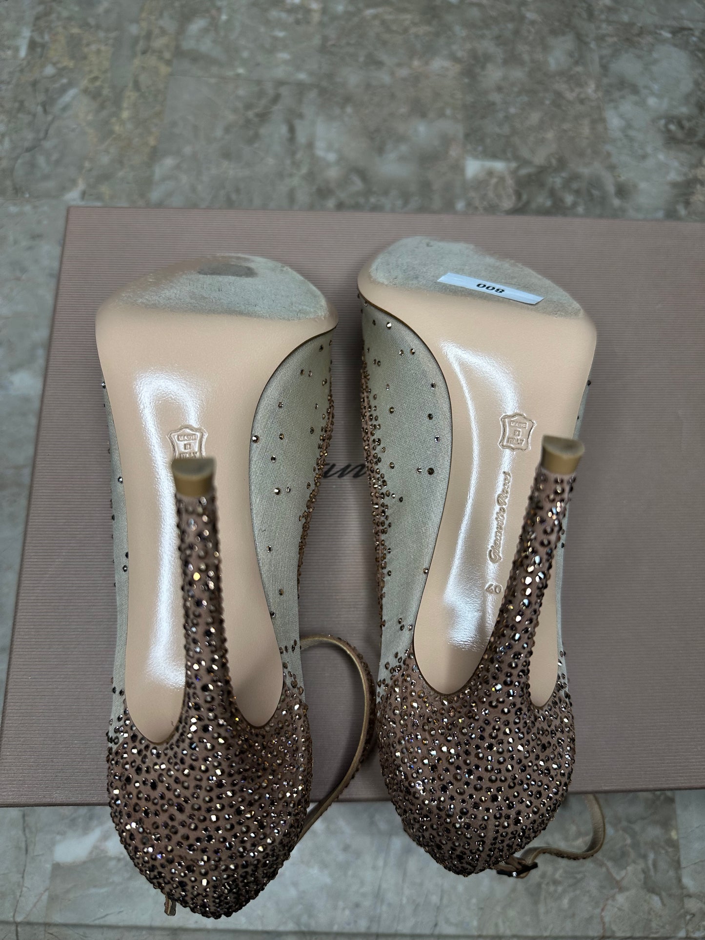 Gianvito Rossi Gemma Crystal Peep-Toe Pumps Size 40 | Embellished Mesh & Ankle Strap | 4” Heel
