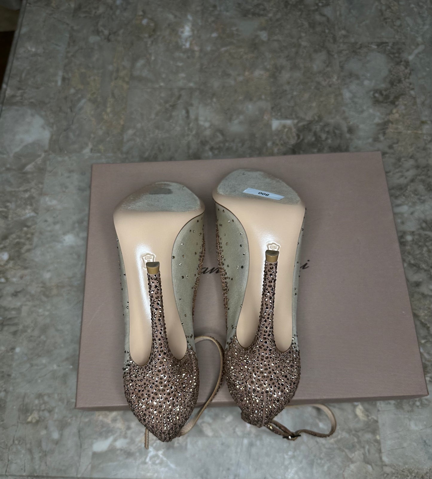 Gianvito Rossi Gemma Crystal Peep-Toe Pumps Size 40 | Embellished Mesh & Ankle Strap | 4” Heel