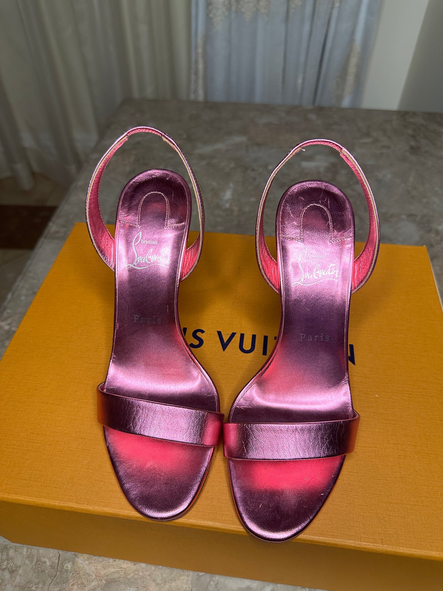 Christian Louboutin Metallic Pink Stiletto Sandals Size 41 | Strappy Leather Heels | Worn Once