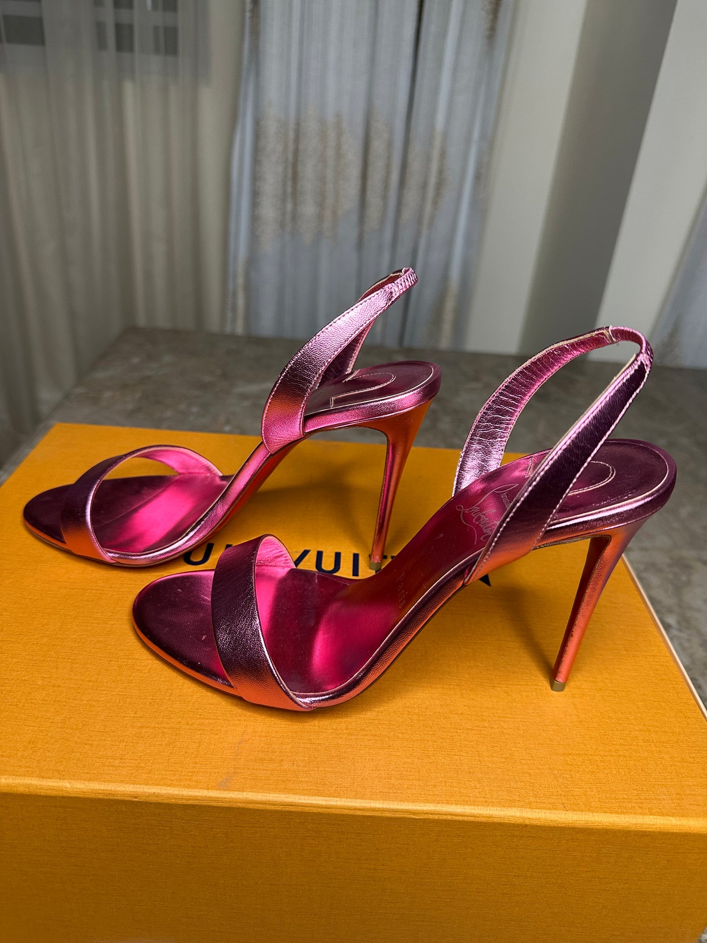 Christian Louboutin Metallic Pink Stiletto Sandals Size 41 | Strappy Leather Heels | Worn Once
