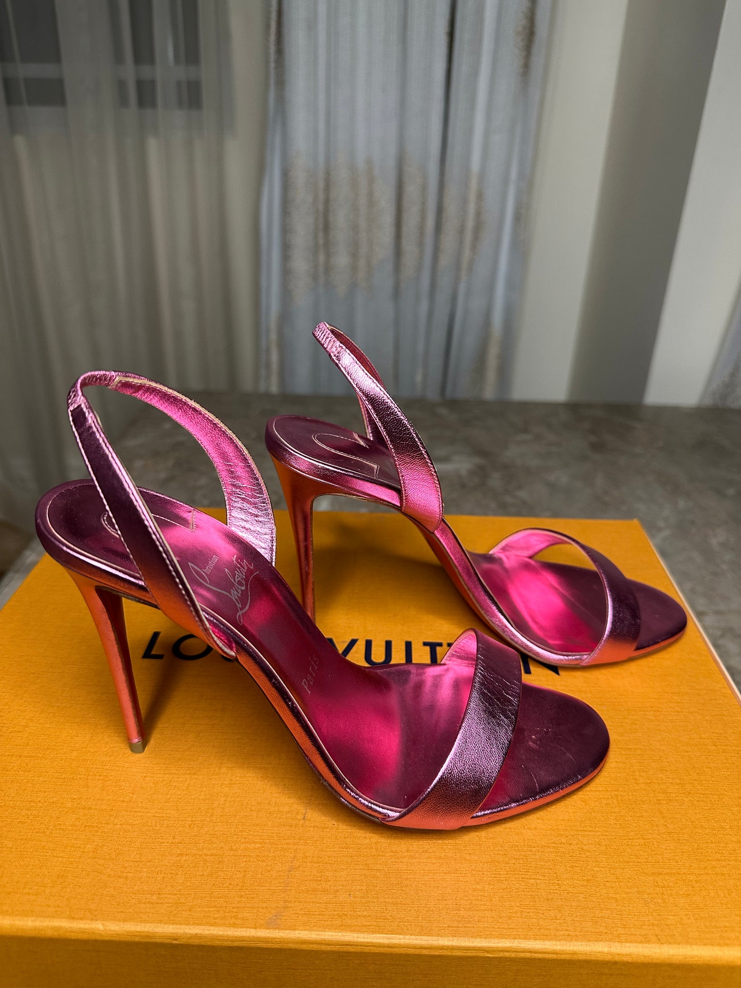 Christian Louboutin Metallic Pink Stiletto Sandals Size 41 | Strappy Leather Heels | Worn Once