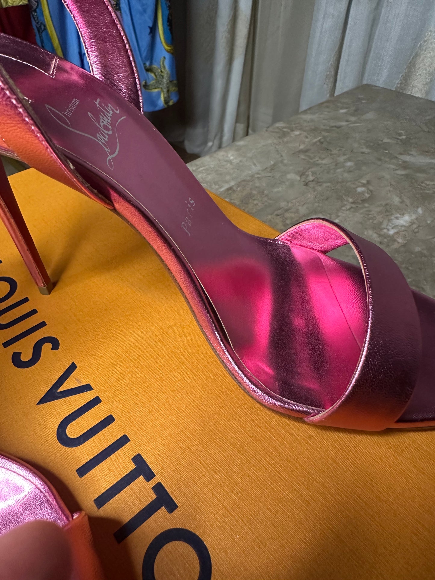 Christian Louboutin Metallic Pink Stiletto Sandals Size 41 | Strappy Leather Heels | Worn Once