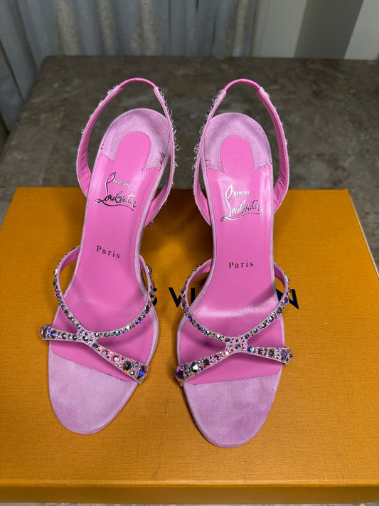 Christian Louboutin Emilie 100mm Embellished Suede Sandals Size 40 | Pink Strappy Heels | Slingback | New