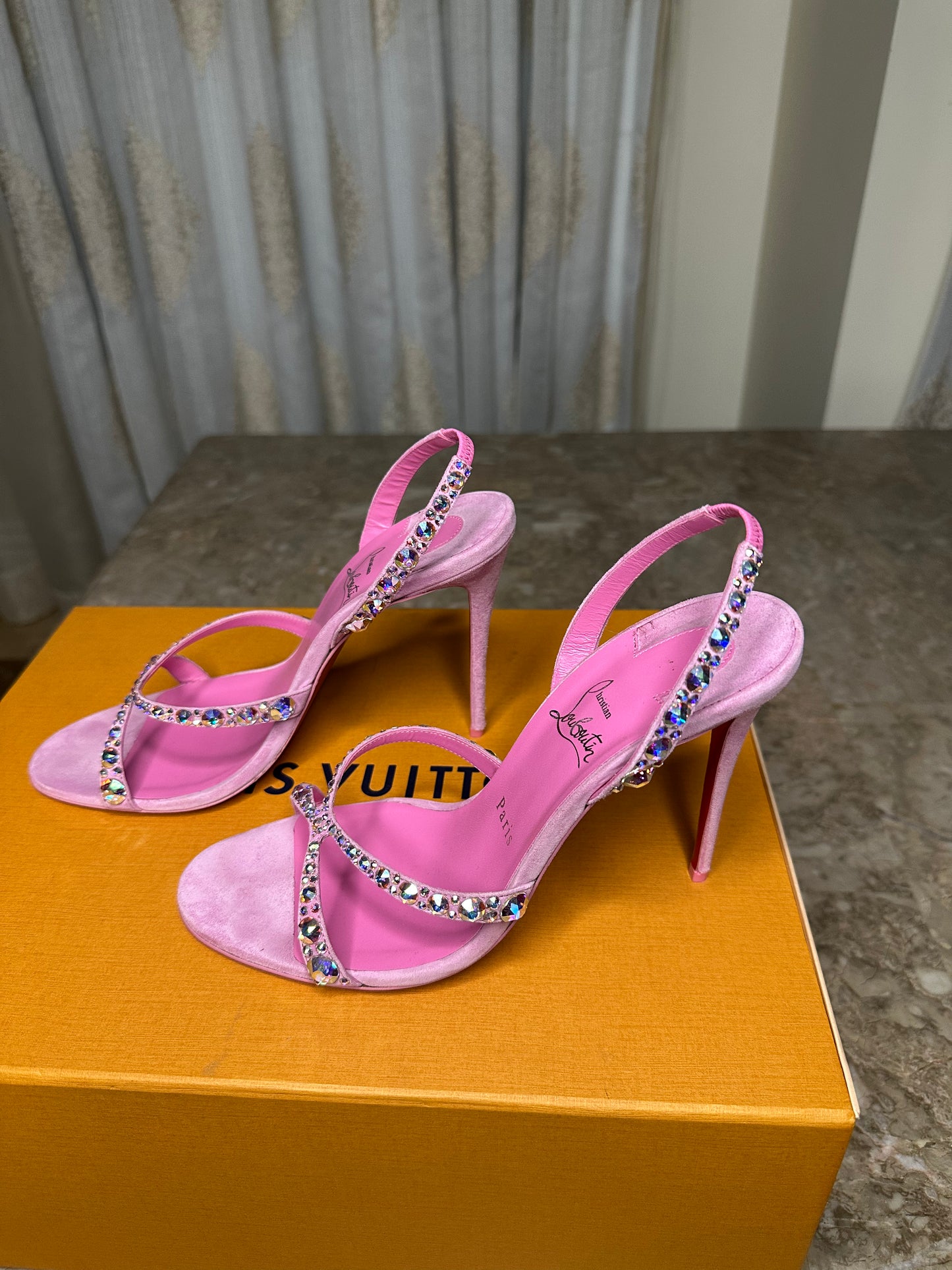 Christian Louboutin Emilie 100mm Embellished Suede Sandals Size 40 | Pink Strappy Heels | Slingback | New