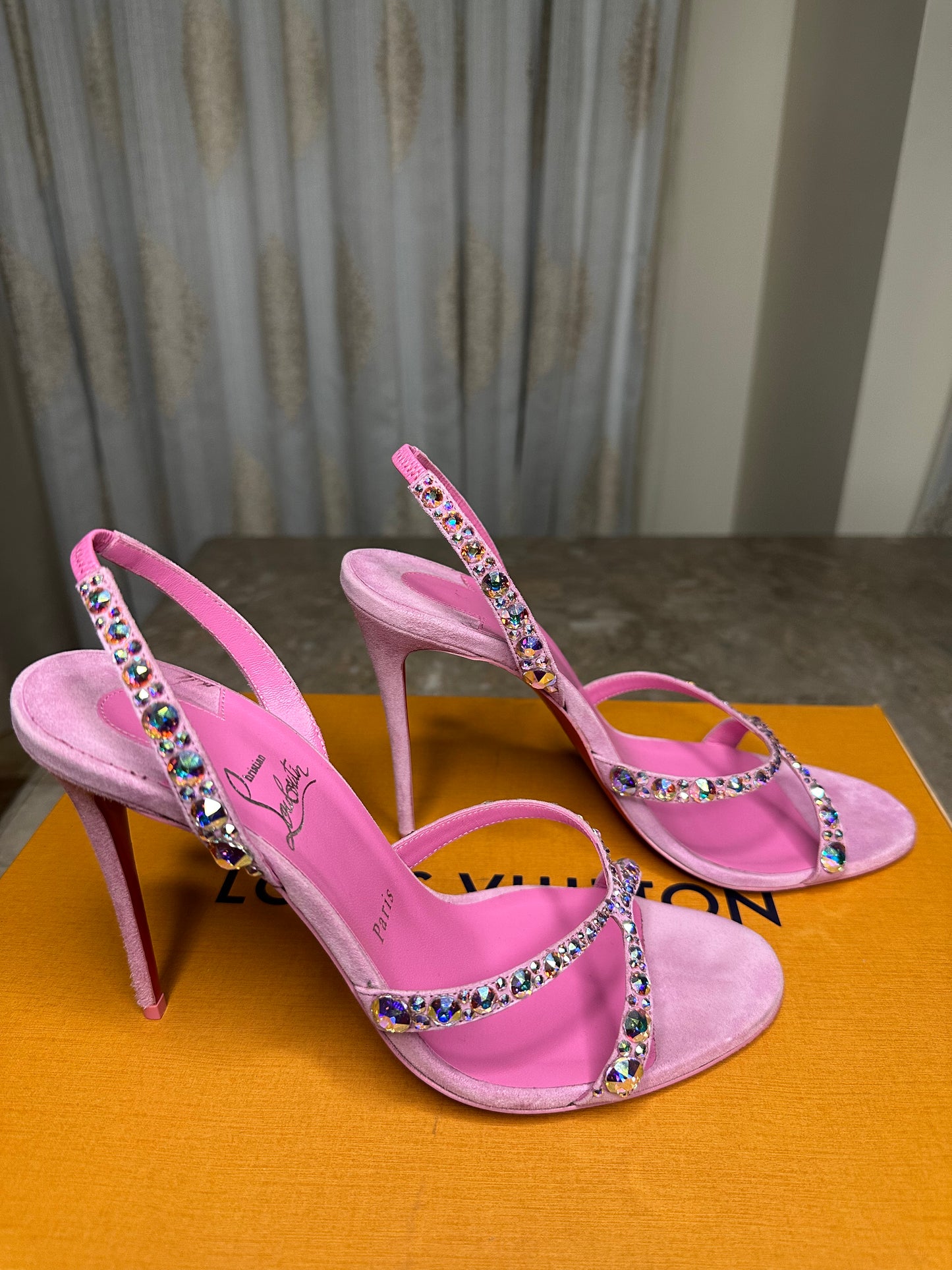 Christian Louboutin Emilie 100mm Embellished Suede Sandals Size 40 | Pink Strappy Heels | Slingback | New
