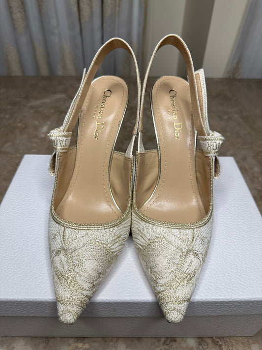 Dior J’Adior Slingback Pumps Size 39.5 | Cream Mesh Embroidered Heels | 10cm Heel | New in Box
